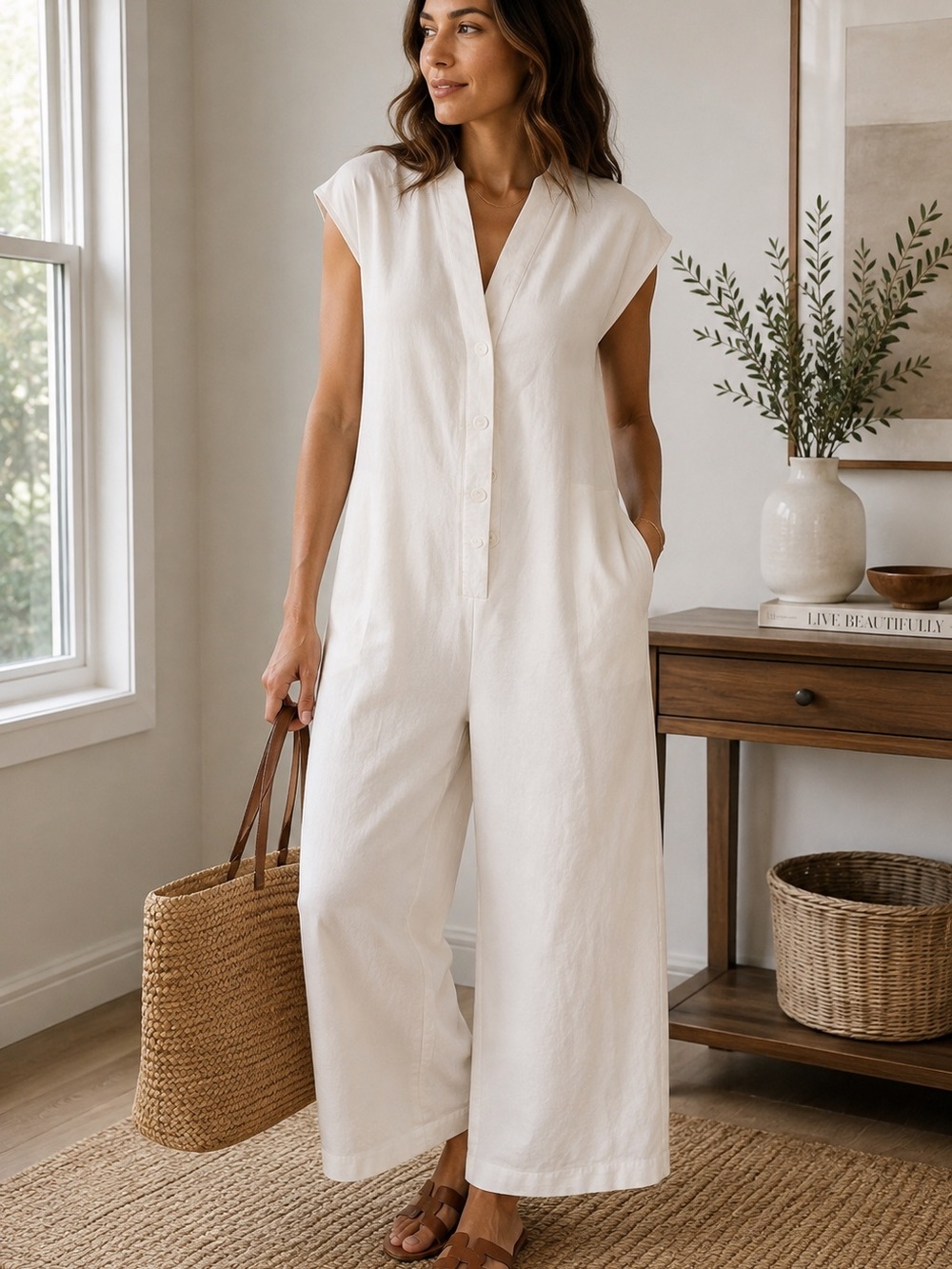 Zara Cream Wide Leg Jumpsuit Size L Button Front Sleeveless